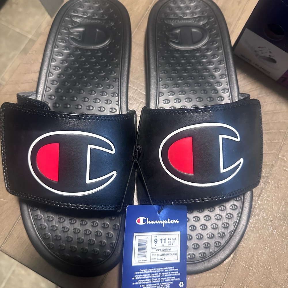 Champion Black Slide Sandals with Red Logo NWT